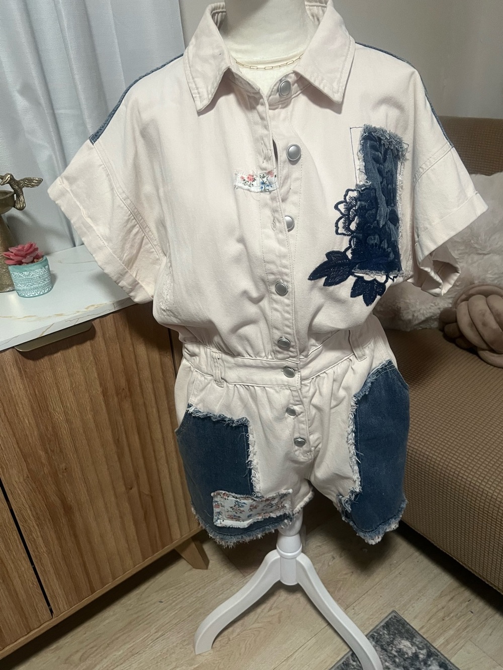 Cream and Blue Short-Sleeve Button Romper